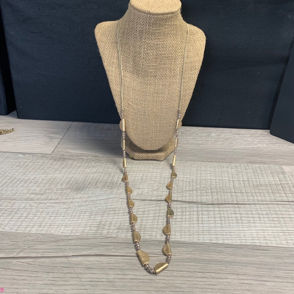 Chicos Matte Gold Tone Hammered Crescent Mauve Beaded Long Strand Necklace 40"